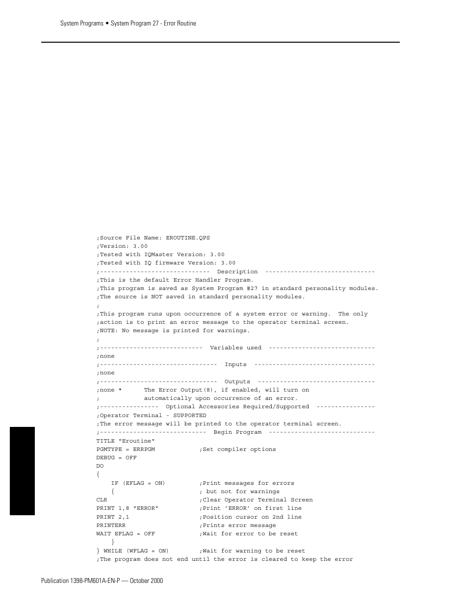 System program 27 - error routine, Program listing, Appendixes | Rockwell Automation 1398-PDM-xxx IQ Master Version 3.2.4 for IA-2000 and IQ-5000 Positioning Drive Modules, IQ-55 User Manual | Page 376 / 464