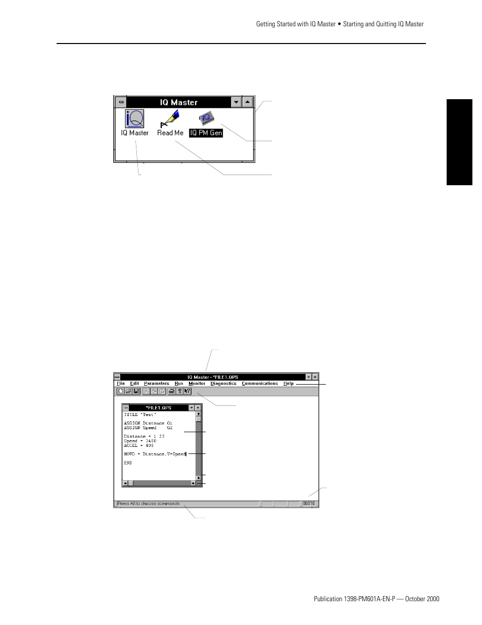 Starting and quitting iq master, To start iq master, The iq master screen | Quitting iq master, Introduction | Rockwell Automation 1398-PDM-xxx IQ Master Version 3.2.4 for IA-2000 and IQ-5000 Positioning Drive Modules, IQ-55 User Manual | Page 41 / 464