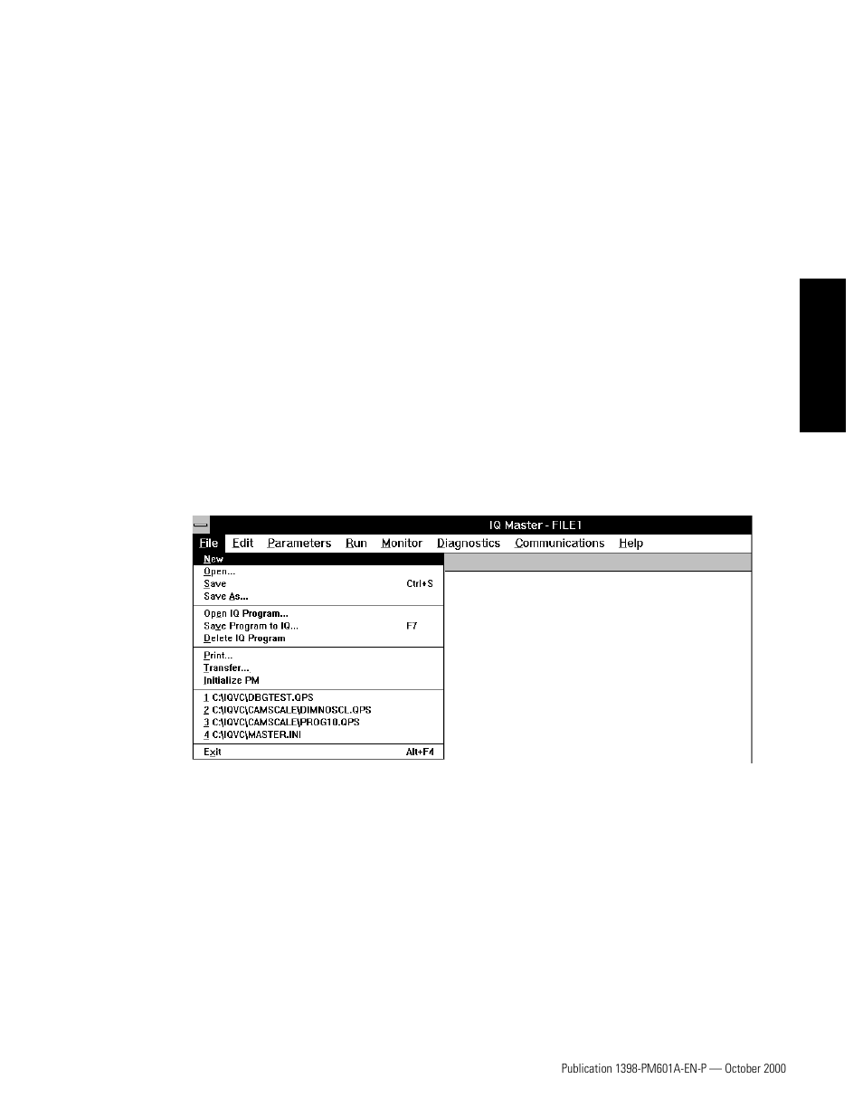 File menu, To access file menu items | Rockwell Automation 1398-PDM-xxx IQ Master Version 3.2.4 for IA-2000 and IQ-5000 Positioning Drive Modules, IQ-55 User Manual | Page 51 / 464