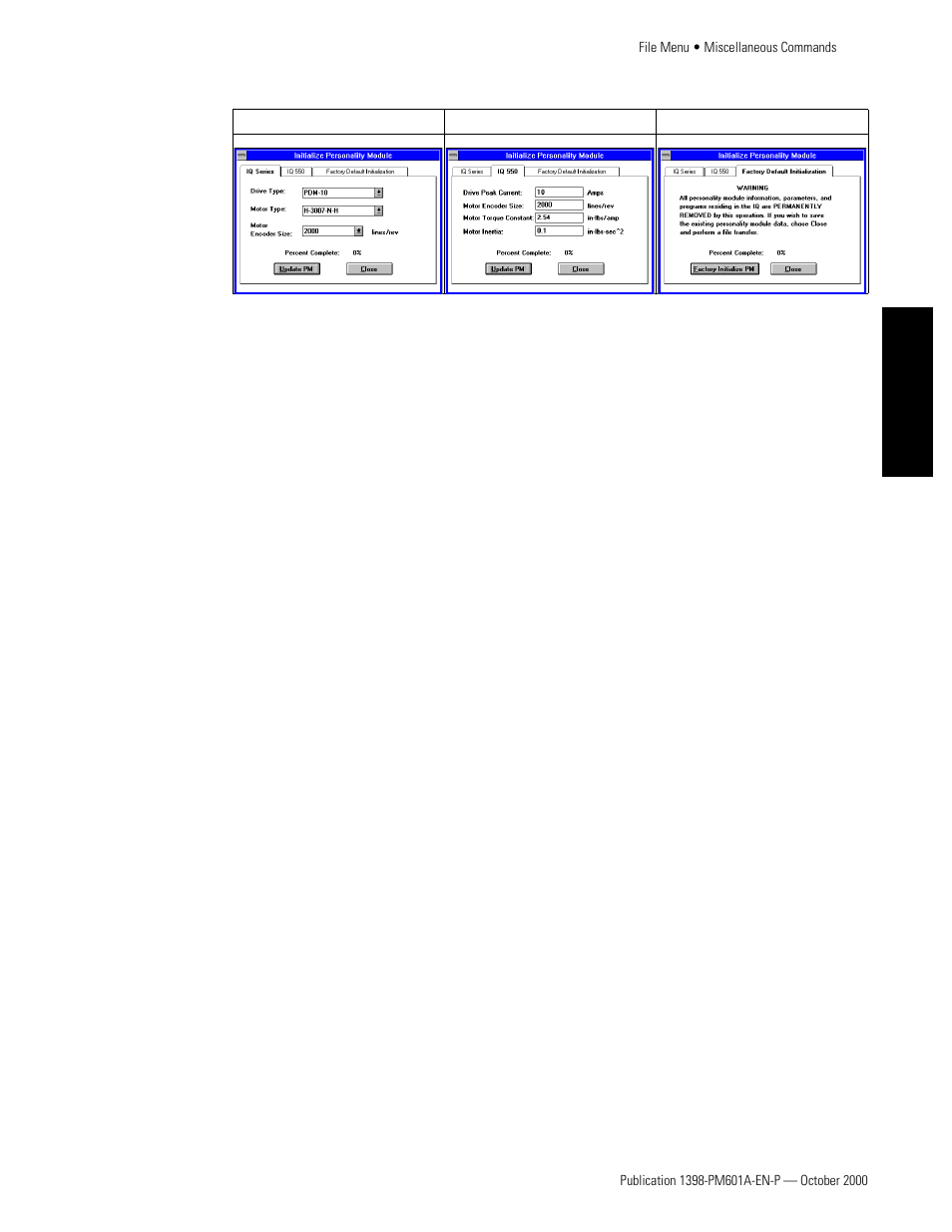 Recently used file list, Send mail, Exit | Recently used file list send mail exit, Personality module dialog boxes | Rockwell Automation 1398-PDM-xxx IQ Master Version 3.2.4 for IA-2000 and IQ-5000 Positioning Drive Modules, IQ-55 User Manual | Page 55 / 464