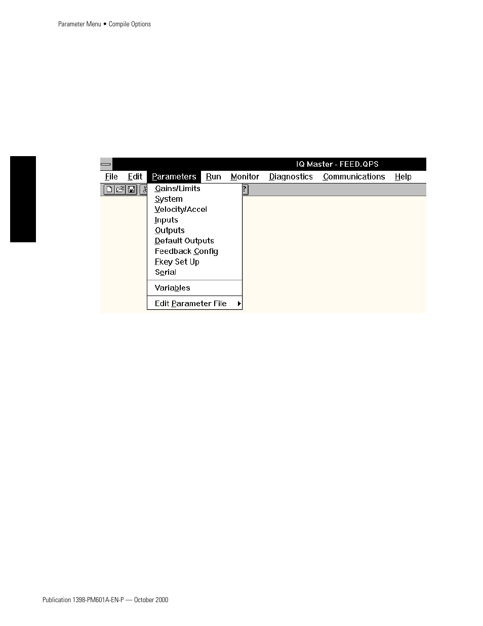 Parameter menu, To access parameter menu items | Rockwell Automation 1398-PDM-xxx IQ Master Version 3.2.4 for IA-2000 and IQ-5000 Positioning Drive Modules, IQ-55 User Manual | Page 60 / 464