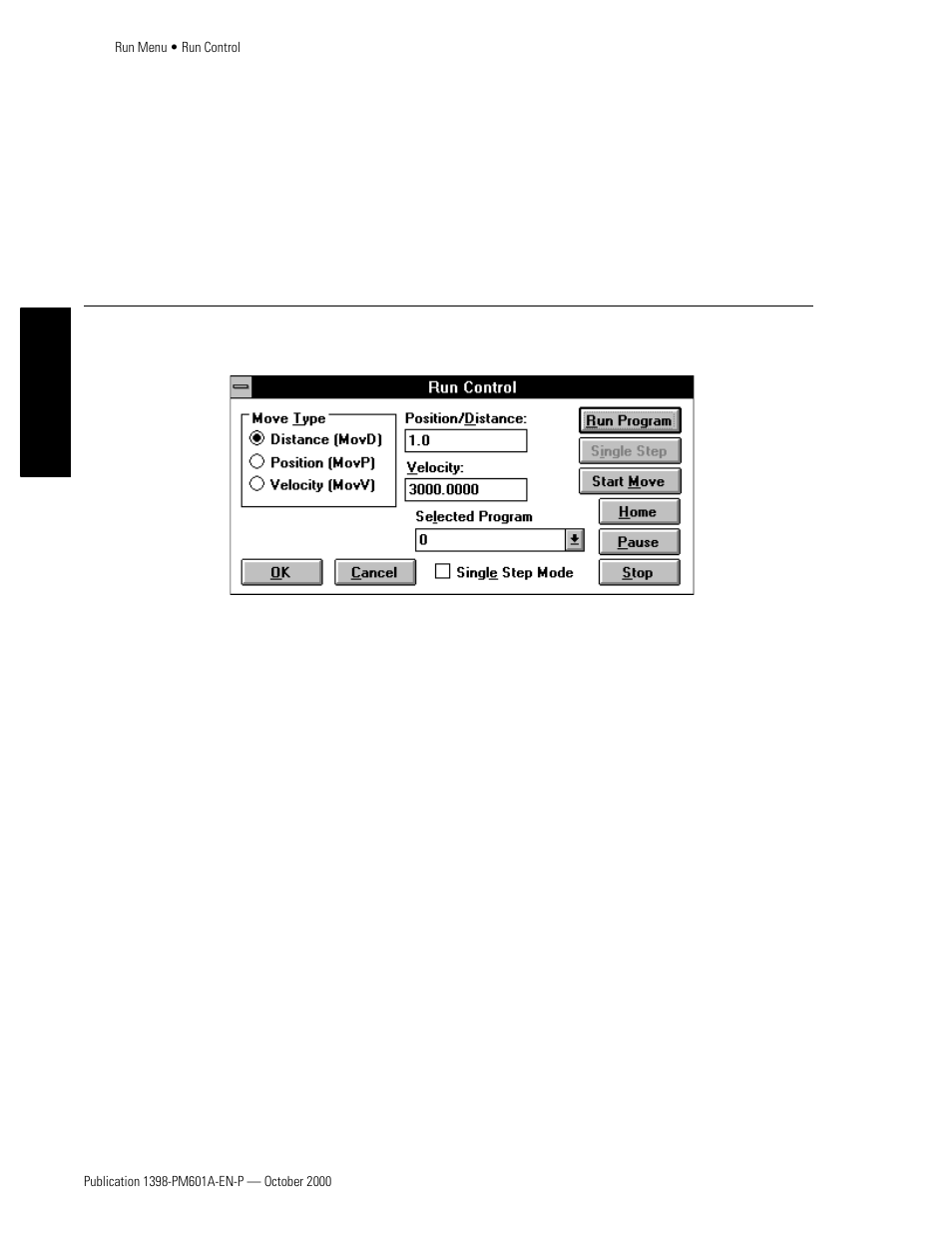 To access run menu items, Run control, Run program | Home, Run program home | Rockwell Automation 1398-PDM-xxx IQ Master Version 3.2.4 for IA-2000 and IQ-5000 Positioning Drive Modules, IQ-55 User Manual | Page 76 / 464