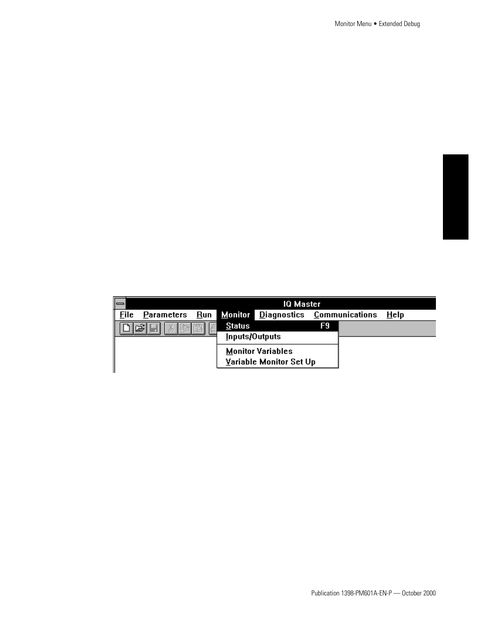 Monitor menu, To access monitor menu items | Rockwell Automation 1398-PDM-xxx IQ Master Version 3.2.4 for IA-2000 and IQ-5000 Positioning Drive Modules, IQ-55 User Manual | Page 89 / 464