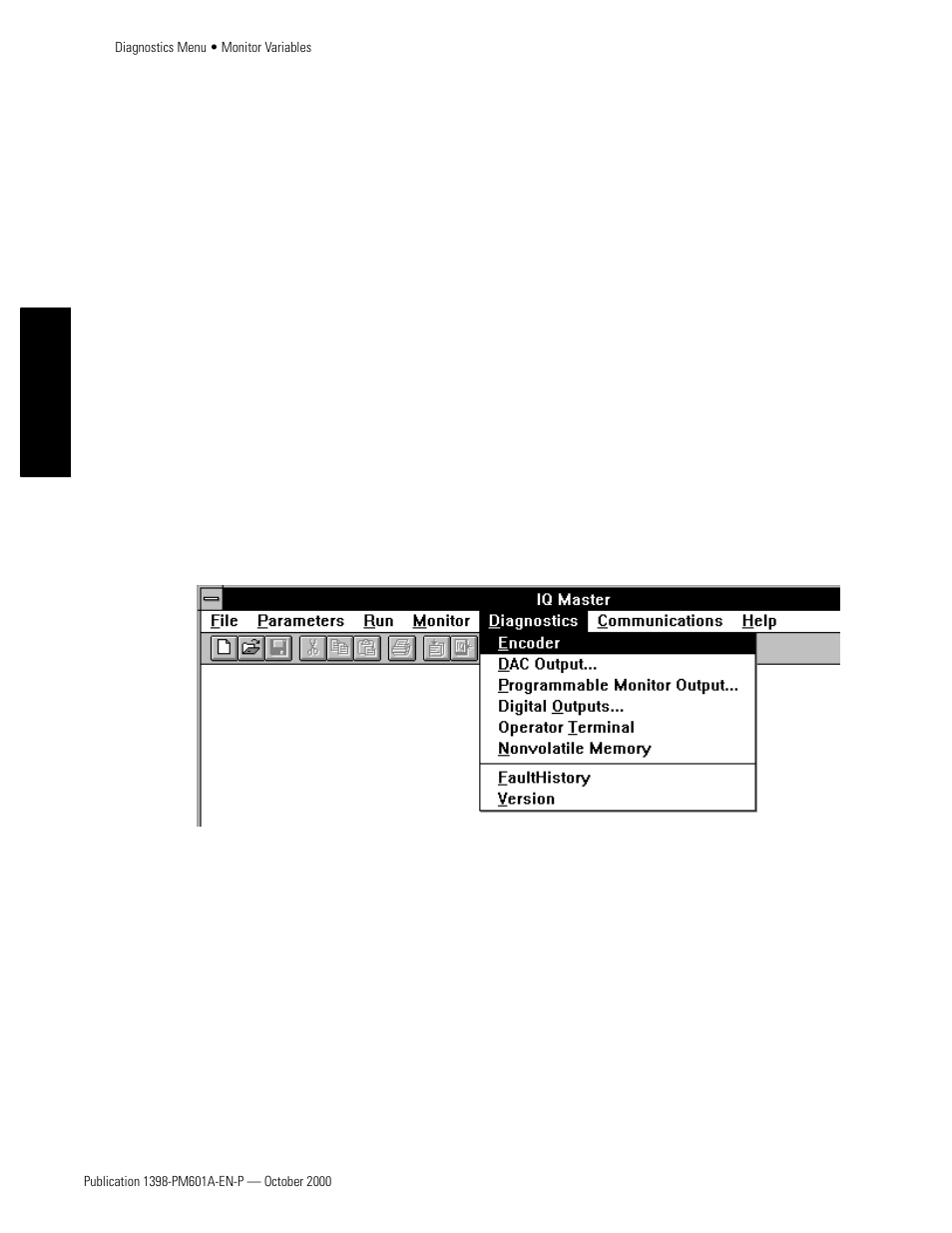 Diagnostics menu | Rockwell Automation 1398-PDM-xxx IQ Master Version 3.2.4 for IA-2000 and IQ-5000 Positioning Drive Modules, IQ-55 User Manual | Page 94 / 464
