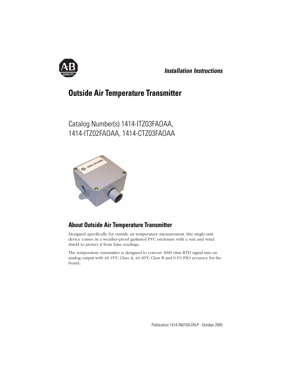 Rockwell Automation 1414-ITZxxxxx_CTZxxxxx Outside Air Temperature Transmitter User Manual | 4 pages