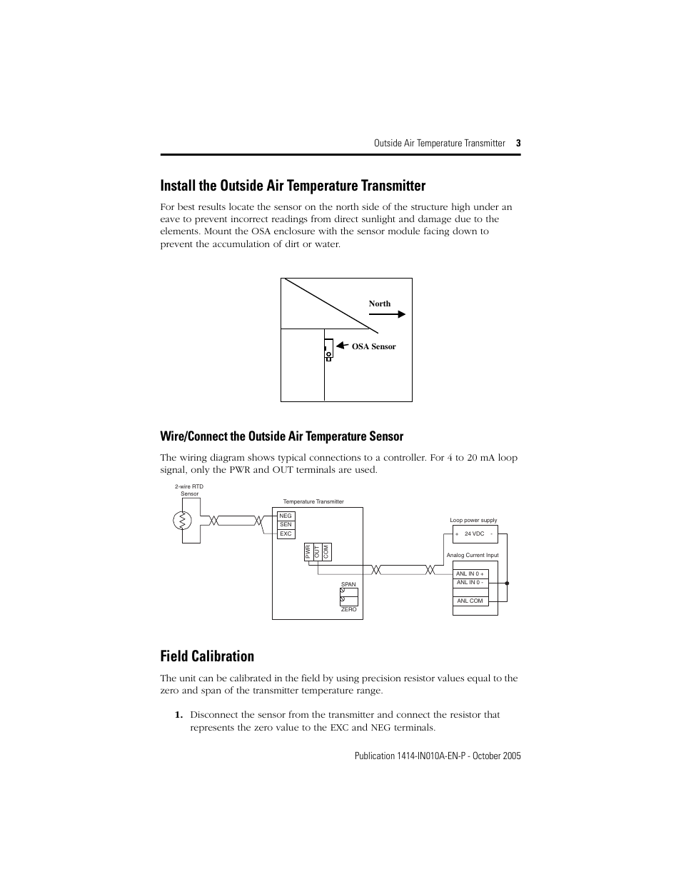 Install the outside air temperature transmitter, Wire/connect the outside air temperature sensor, Field calibration | Rockwell Automation 1414-ITZxxxxx_CTZxxxxx Outside Air Temperature Transmitter User Manual | Page 3 / 4