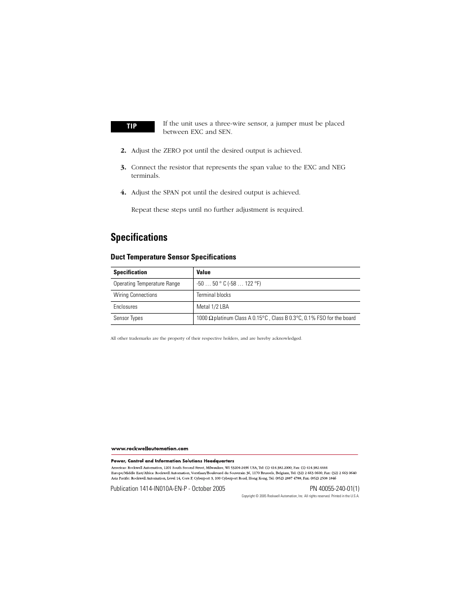 Specifications, Back cover | Rockwell Automation 1414-ITZxxxxx_CTZxxxxx Outside Air Temperature Transmitter User Manual | Page 4 / 4
