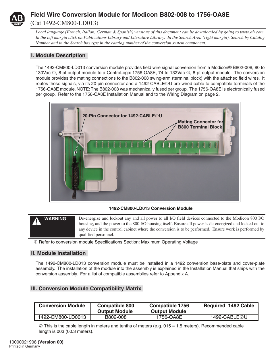 Rockwell Automation 1492-CM800-LD013 Field Wire Conv. Module for Modicon B802-008 to 1756-OA8E User Manual | 4 pages