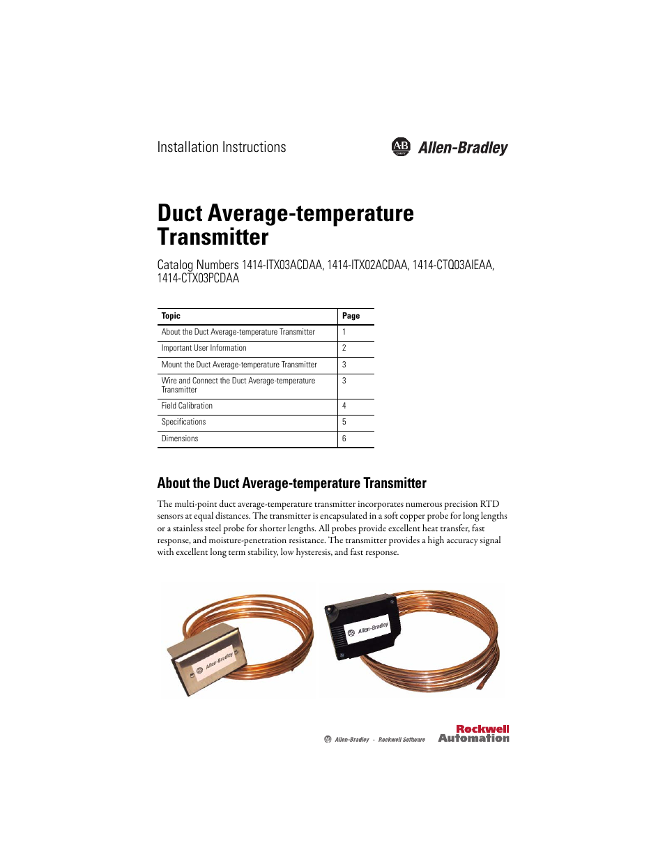 Rockwell Automation 1414-ITXxxxxx_CTXxxxxx Duct Average Temperature Transmitter User Manual | 8 pages