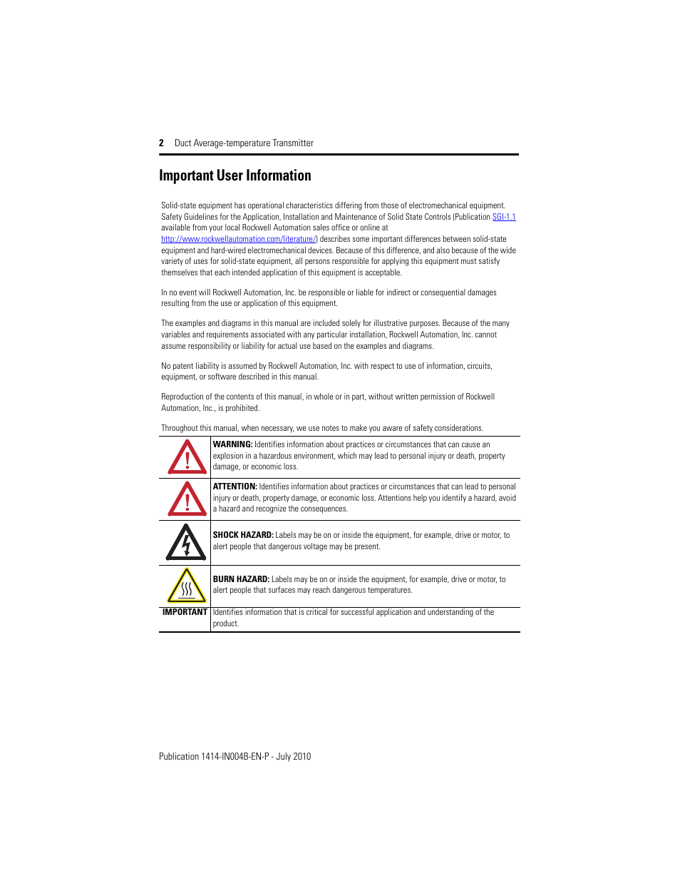 Important user information | Rockwell Automation 1414-ITXxxxxx_CTXxxxxx Duct Average Temperature Transmitter User Manual | Page 2 / 8