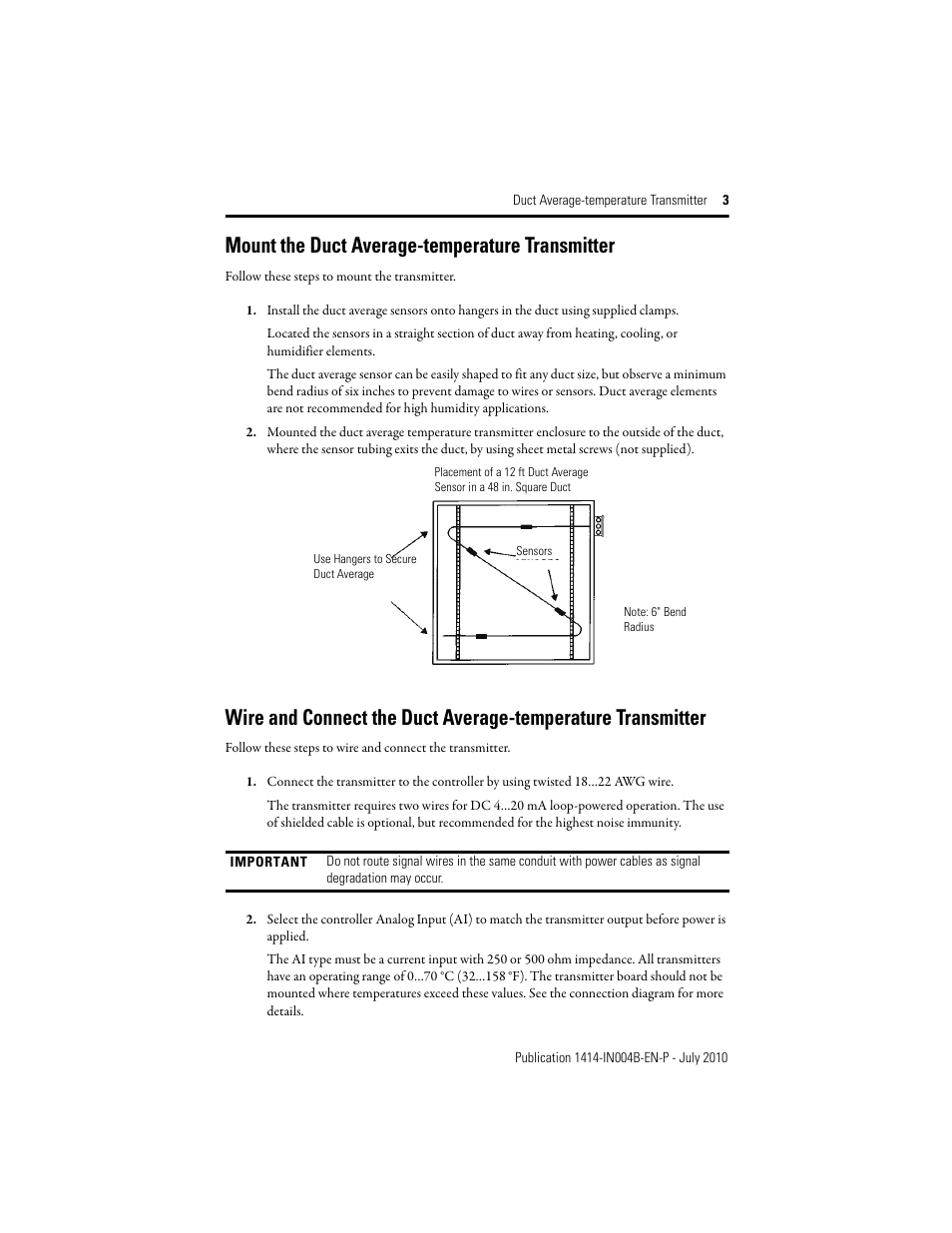 Mount the duct average-temperature transmitter | Rockwell Automation 1414-ITXxxxxx_CTXxxxxx Duct Average Temperature Transmitter User Manual | Page 3 / 8