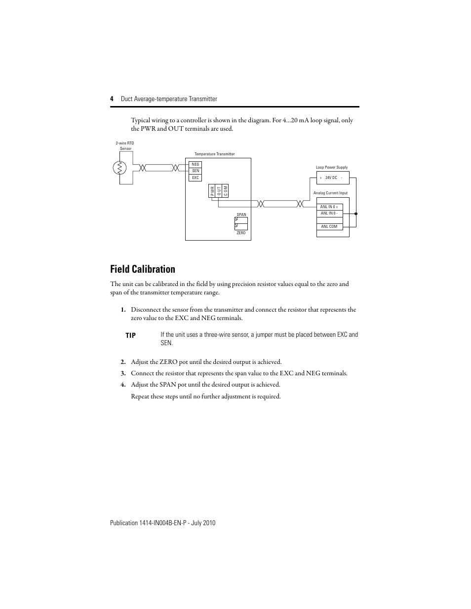 Field calibration | Rockwell Automation 1414-ITXxxxxx_CTXxxxxx Duct Average Temperature Transmitter User Manual | Page 4 / 8