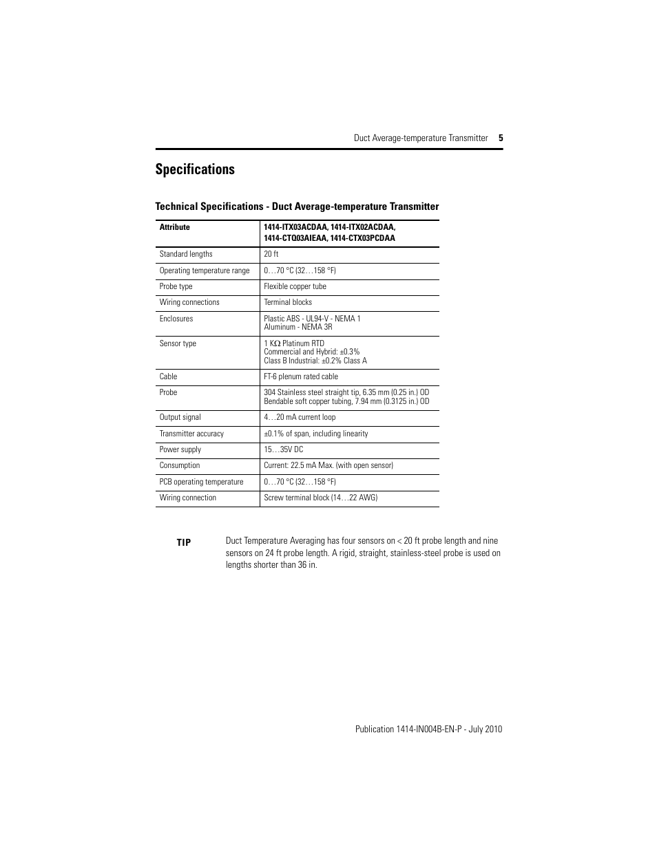 Specifications | Rockwell Automation 1414-ITXxxxxx_CTXxxxxx Duct Average Temperature Transmitter User Manual | Page 5 / 8