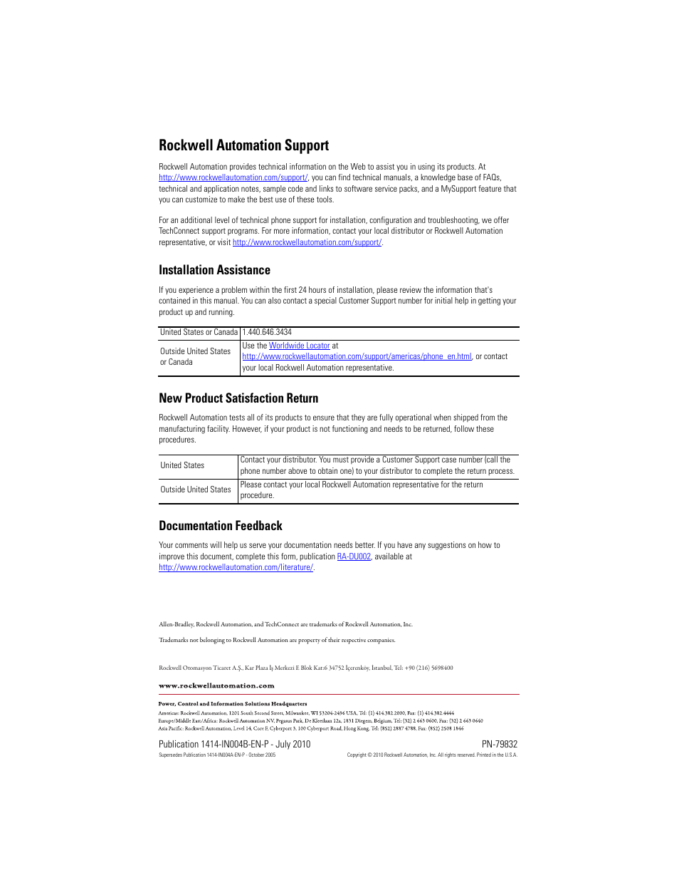 Back cover, Rockwell automation support, Installation assistance | New product satisfaction return, Documentation feedback | Rockwell Automation 1414-ITXxxxxx_CTXxxxxx Duct Average Temperature Transmitter User Manual | Page 8 / 8