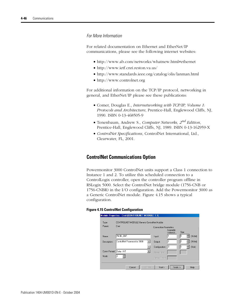 Controlnet communications option | Rockwell Automation 1404-M4_M5_M6_M8 Powermonitor 3000 User Manual, PRIOR to Firmware rev. 3.0 User Manual | Page 106 / 356