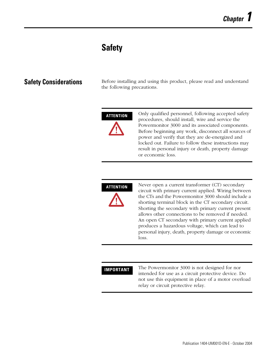 1 - safety, Safety considerations, Chapter 1 | Safety, Safety considerations -1, Chapter | Rockwell Automation 1404-M4_M5_M6_M8 Powermonitor 3000 User Manual, PRIOR to Firmware rev. 3.0 User Manual | Page 11 / 356