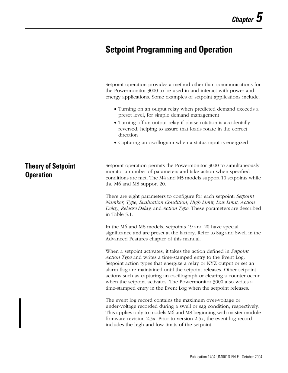 5 - setpoint programming and operation, Theory of setpoint operation, Chapter 5 | Setpoint programming and operation, Theory of setpoint operation -1, Chapter | Rockwell Automation 1404-M4_M5_M6_M8 Powermonitor 3000 User Manual, PRIOR to Firmware rev. 3.0 User Manual | Page 115 / 356