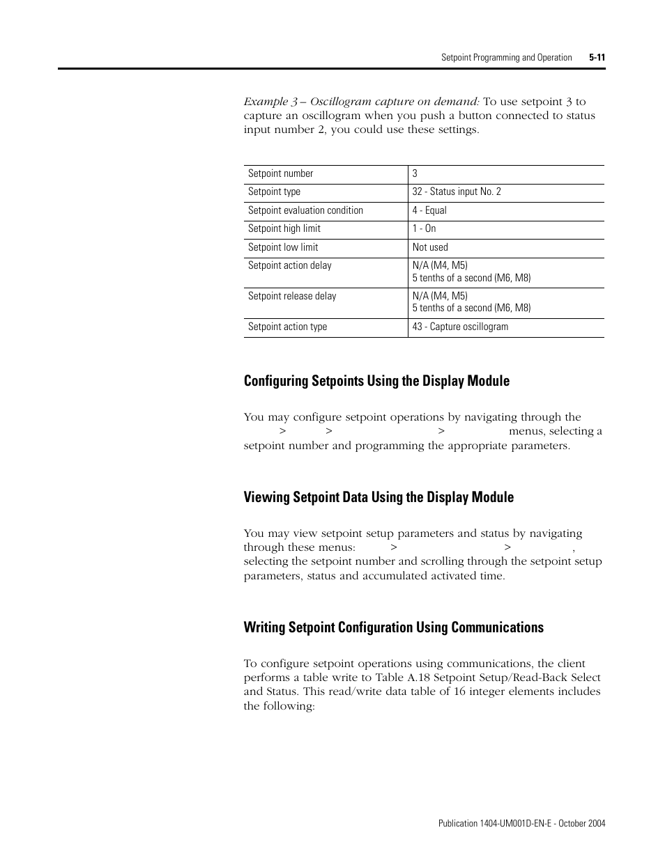 Configuring setpoints using the display module, Viewing setpoint data using the display module | Rockwell Automation 1404-M4_M5_M6_M8 Powermonitor 3000 User Manual, PRIOR to Firmware rev. 3.0 User Manual | Page 125 / 356