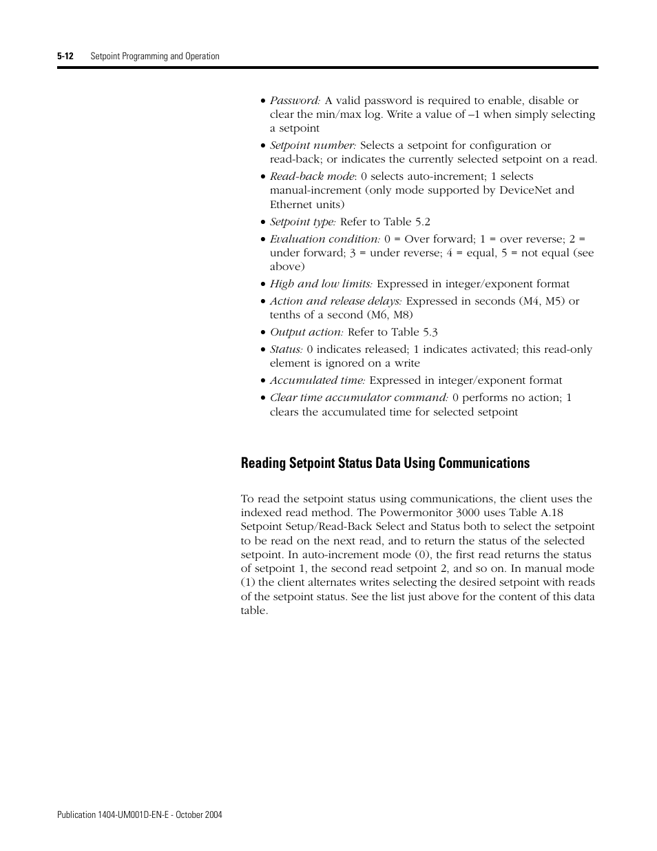 Reading setpoint status data using communications | Rockwell Automation 1404-M4_M5_M6_M8 Powermonitor 3000 User Manual, PRIOR to Firmware rev. 3.0 User Manual | Page 126 / 356