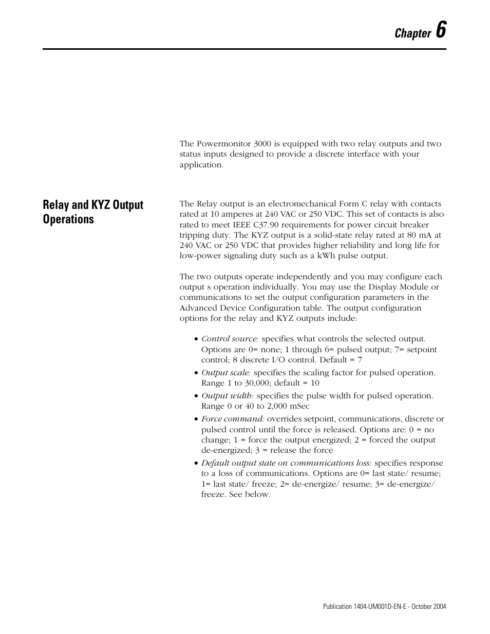 6 - i/o operations, Relay and kyz output operations, Chapter 6 | I/o operations, Relay and kyz output operations -1, Chapter | Rockwell Automation 1404-M4_M5_M6_M8 Powermonitor 3000 User Manual, PRIOR to Firmware rev. 3.0 User Manual | Page 127 / 356
