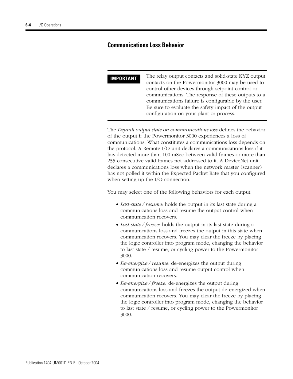 Communications loss behavior | Rockwell Automation 1404-M4_M5_M6_M8 Powermonitor 3000 User Manual, PRIOR to Firmware rev. 3.0 User Manual | Page 130 / 356