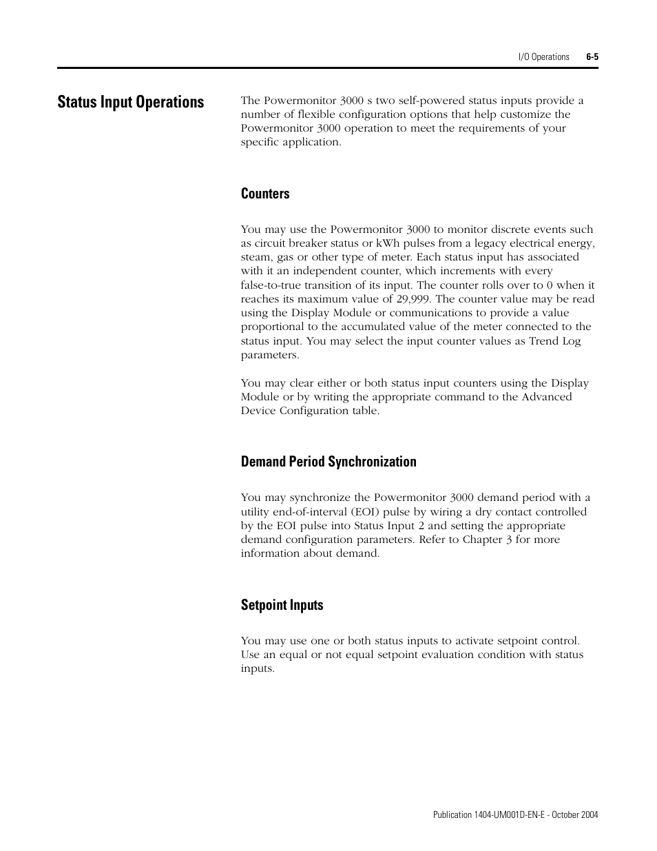 Status input operations, Counters, Demand period synchronization | Setpoint inputs, Status input operations -5 | Rockwell Automation 1404-M4_M5_M6_M8 Powermonitor 3000 User Manual, PRIOR to Firmware rev. 3.0 User Manual | Page 131 / 356