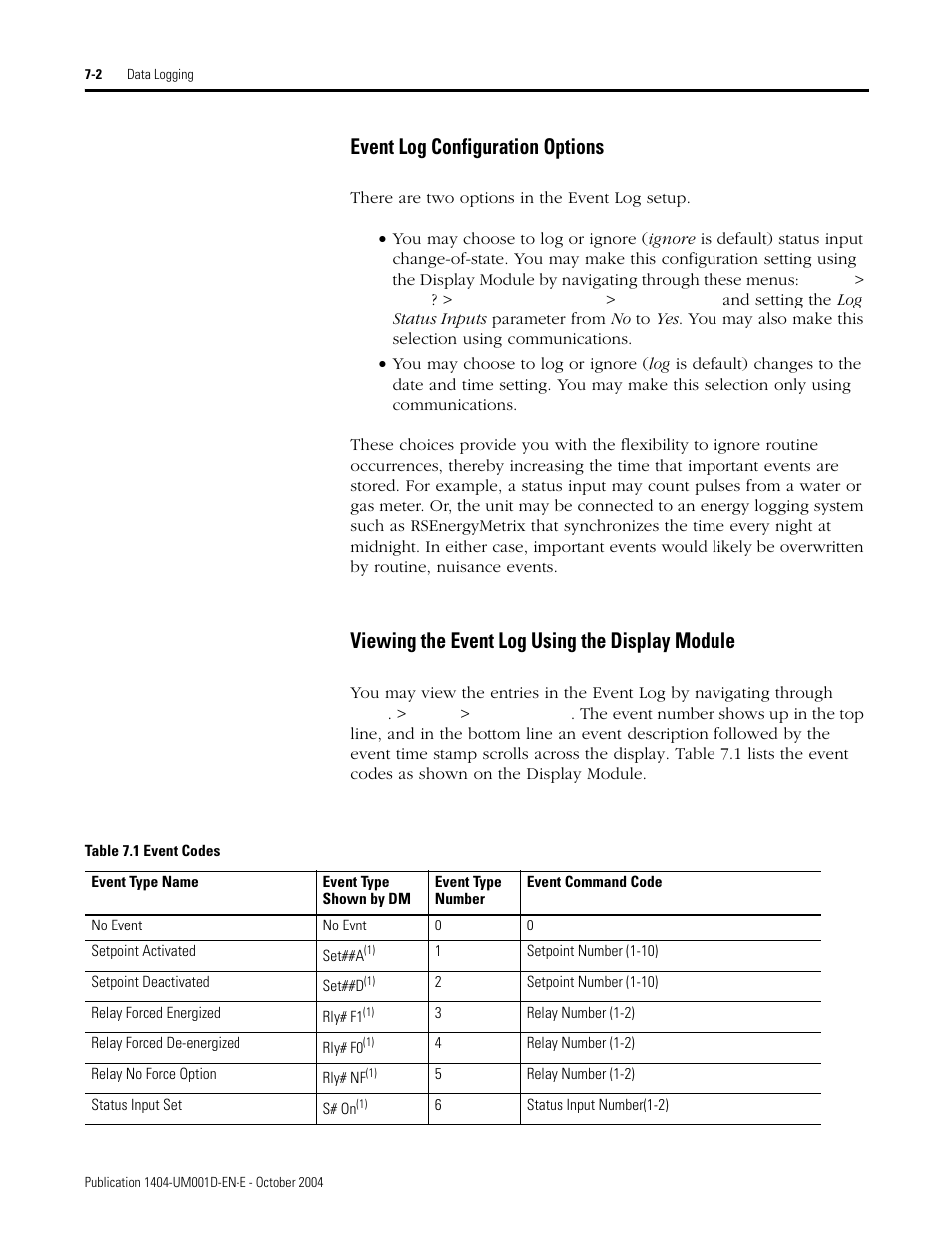 Event log configuration options, Viewing the event log using the display module | Rockwell Automation 1404-M4_M5_M6_M8 Powermonitor 3000 User Manual, PRIOR to Firmware rev. 3.0 User Manual | Page 134 / 356