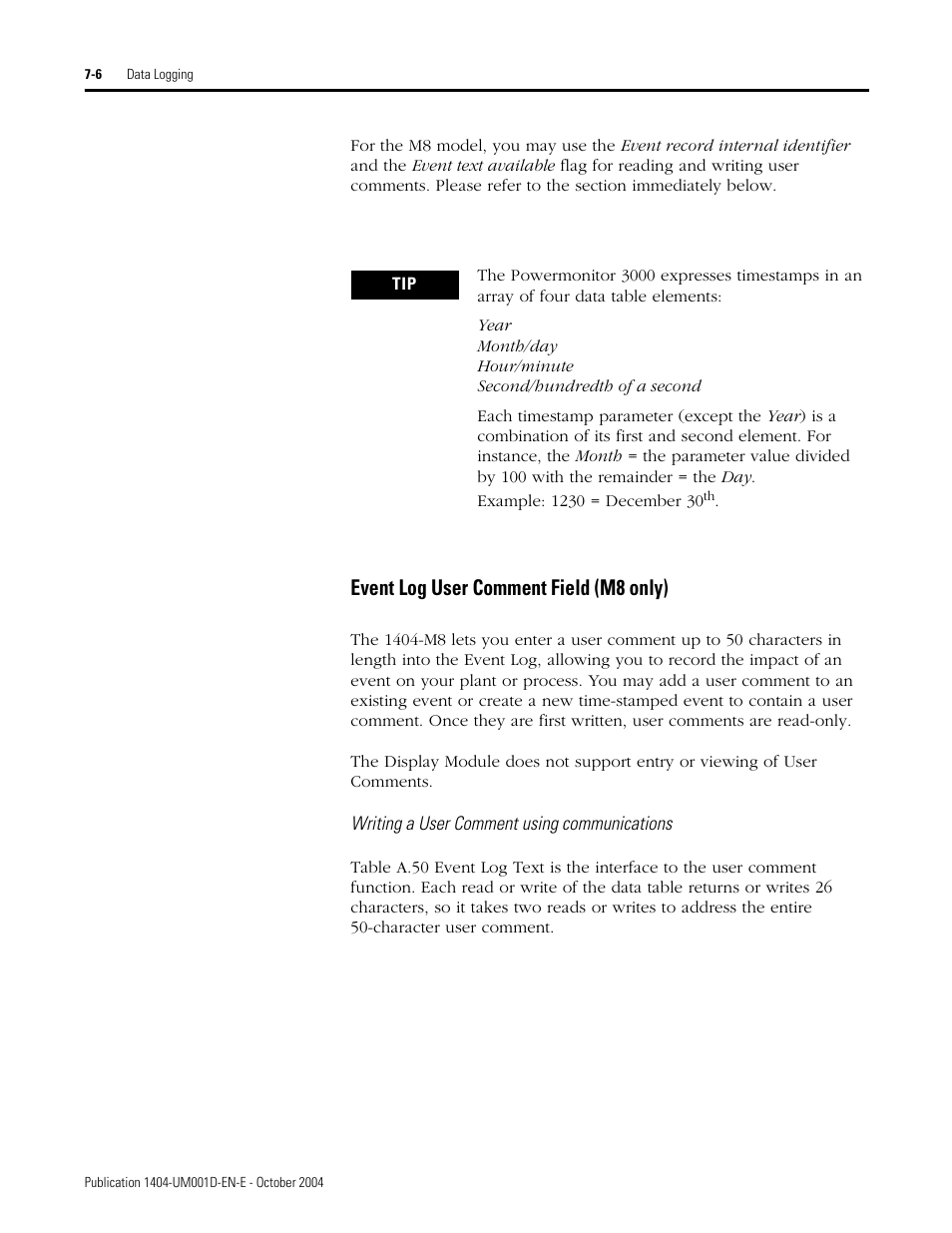 Event log user comment field (m8 only) | Rockwell Automation 1404-M4_M5_M6_M8 Powermonitor 3000 User Manual, PRIOR to Firmware rev. 3.0 User Manual | Page 138 / 356