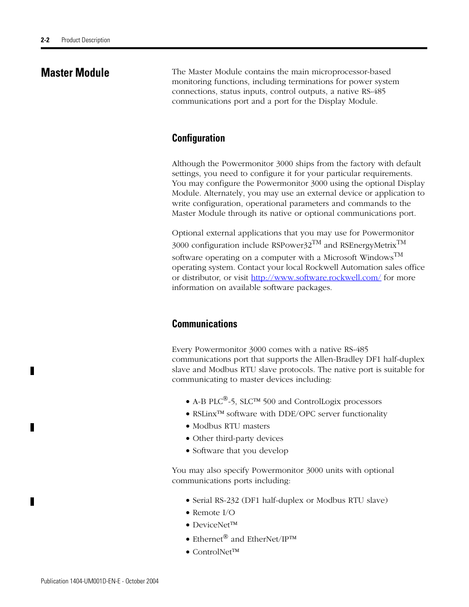 Master module, Configuration, Communications | Master module -2 | Rockwell Automation 1404-M4_M5_M6_M8 Powermonitor 3000 User Manual, PRIOR to Firmware rev. 3.0 User Manual | Page 14 / 356