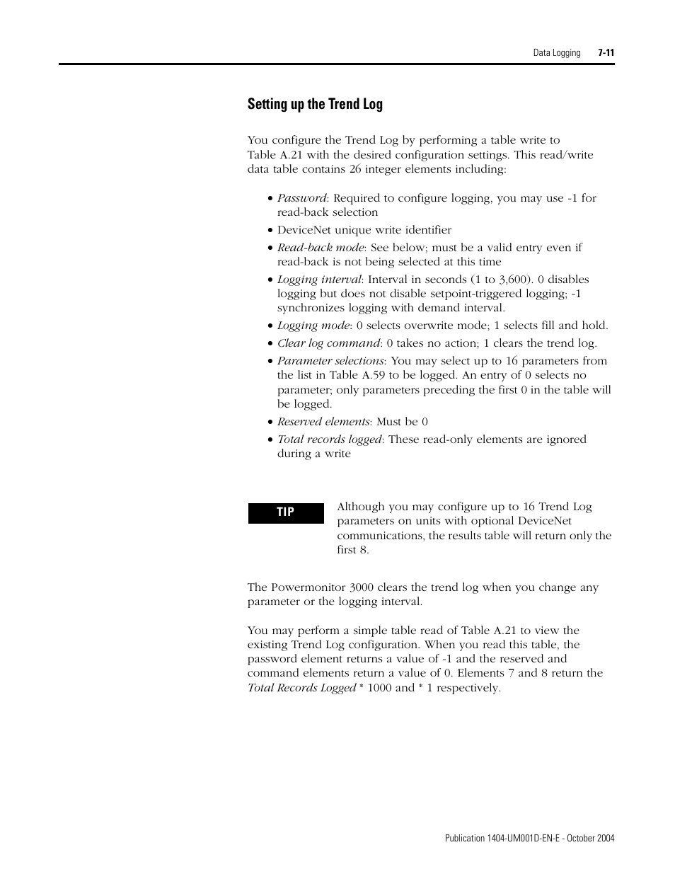 Setting up the trend log | Rockwell Automation 1404-M4_M5_M6_M8 Powermonitor 3000 User Manual, PRIOR to Firmware rev. 3.0 User Manual | Page 143 / 356