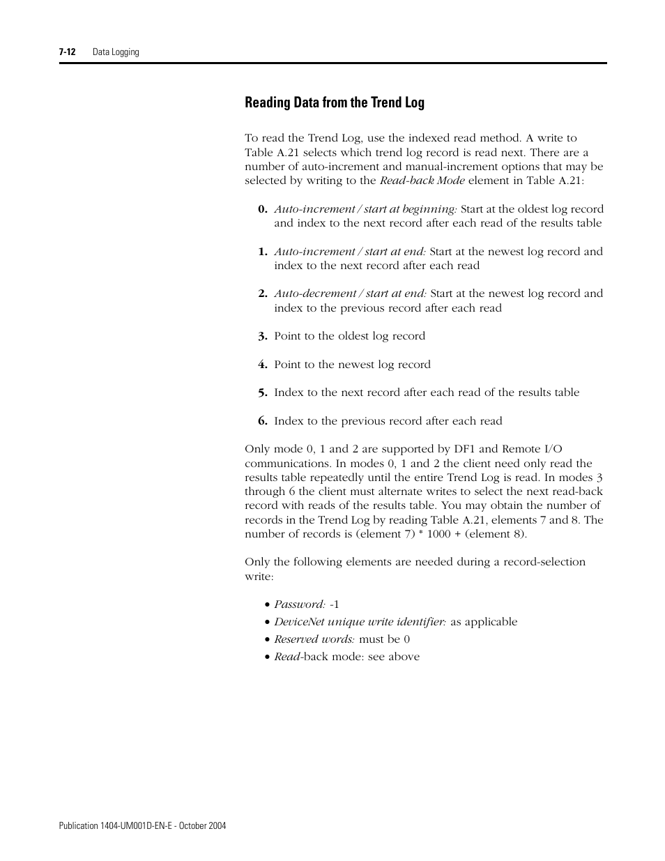 Reading data from the trend log | Rockwell Automation 1404-M4_M5_M6_M8 Powermonitor 3000 User Manual, PRIOR to Firmware rev. 3.0 User Manual | Page 144 / 356