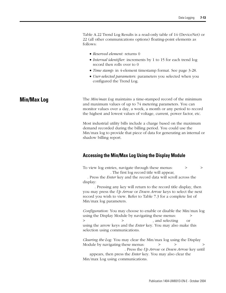 Min/max log, Accessing the min/max log using the display module, Min/max log -13 | Rockwell Automation 1404-M4_M5_M6_M8 Powermonitor 3000 User Manual, PRIOR to Firmware rev. 3.0 User Manual | Page 145 / 356