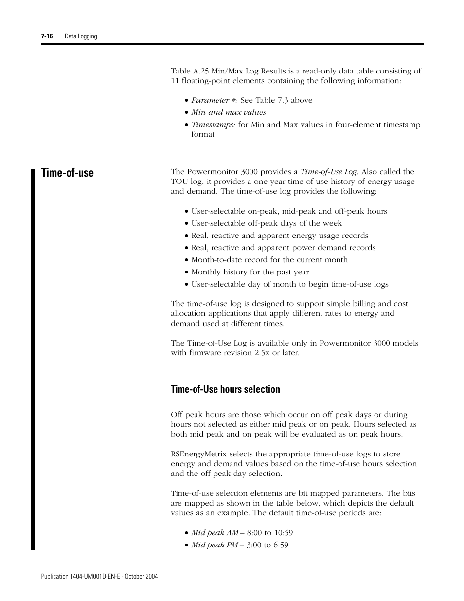 Time-of-use, Time-of-use hours selection, Time-of-use -16 | Rockwell Automation 1404-M4_M5_M6_M8 Powermonitor 3000 User Manual, PRIOR to Firmware rev. 3.0 User Manual | Page 148 / 356