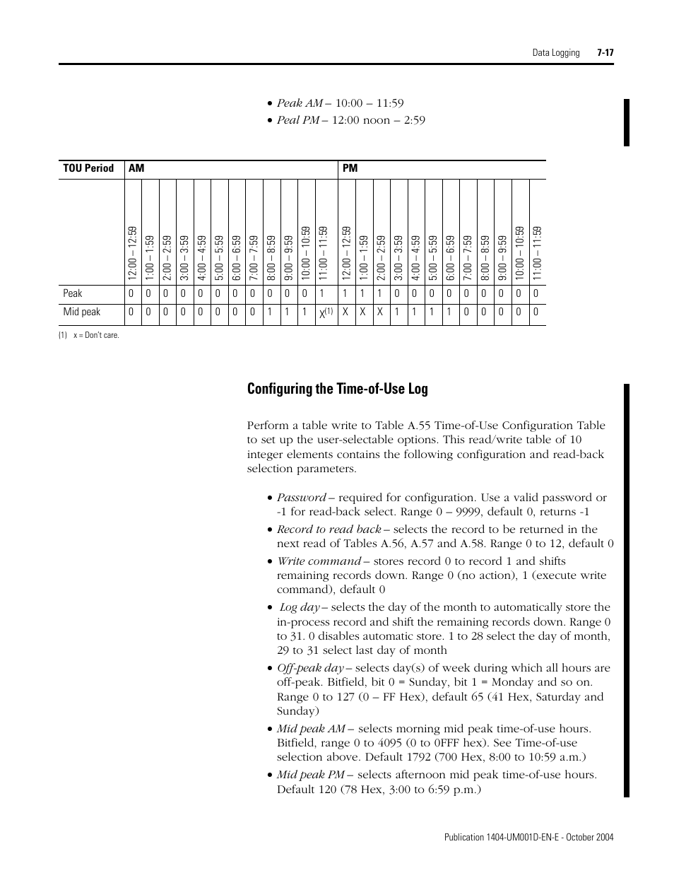 Configuring the time-of-use log | Rockwell Automation 1404-M4_M5_M6_M8 Powermonitor 3000 User Manual, PRIOR to Firmware rev. 3.0 User Manual | Page 149 / 356