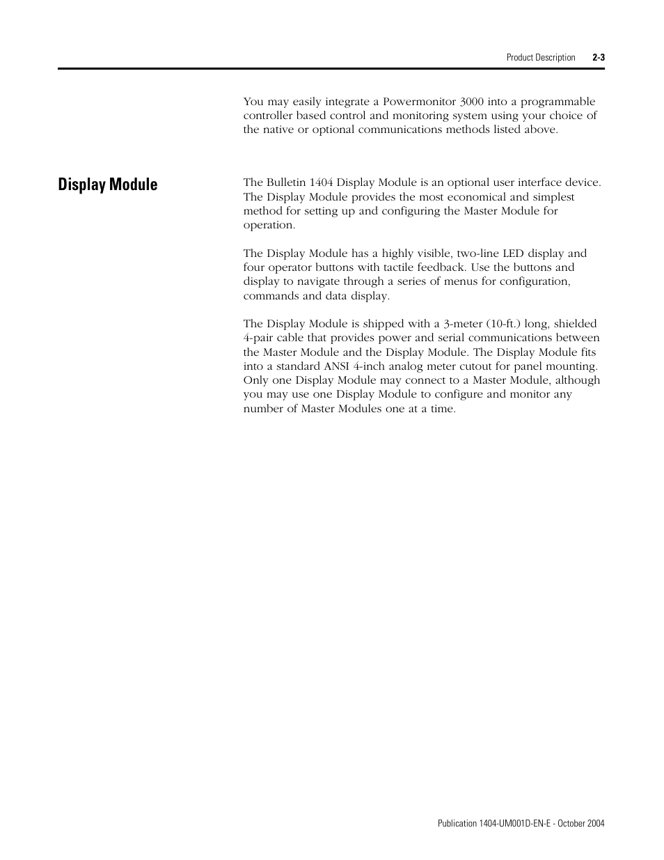 Display module, Display module -3 | Rockwell Automation 1404-M4_M5_M6_M8 Powermonitor 3000 User Manual, PRIOR to Firmware rev. 3.0 User Manual | Page 15 / 356