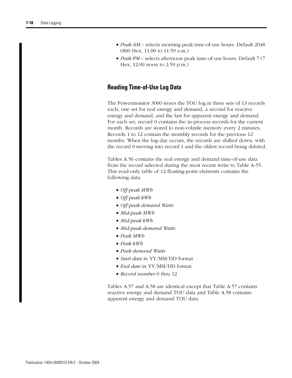 Reading time-of-use log data | Rockwell Automation 1404-M4_M5_M6_M8 Powermonitor 3000 User Manual, PRIOR to Firmware rev. 3.0 User Manual | Page 150 / 356