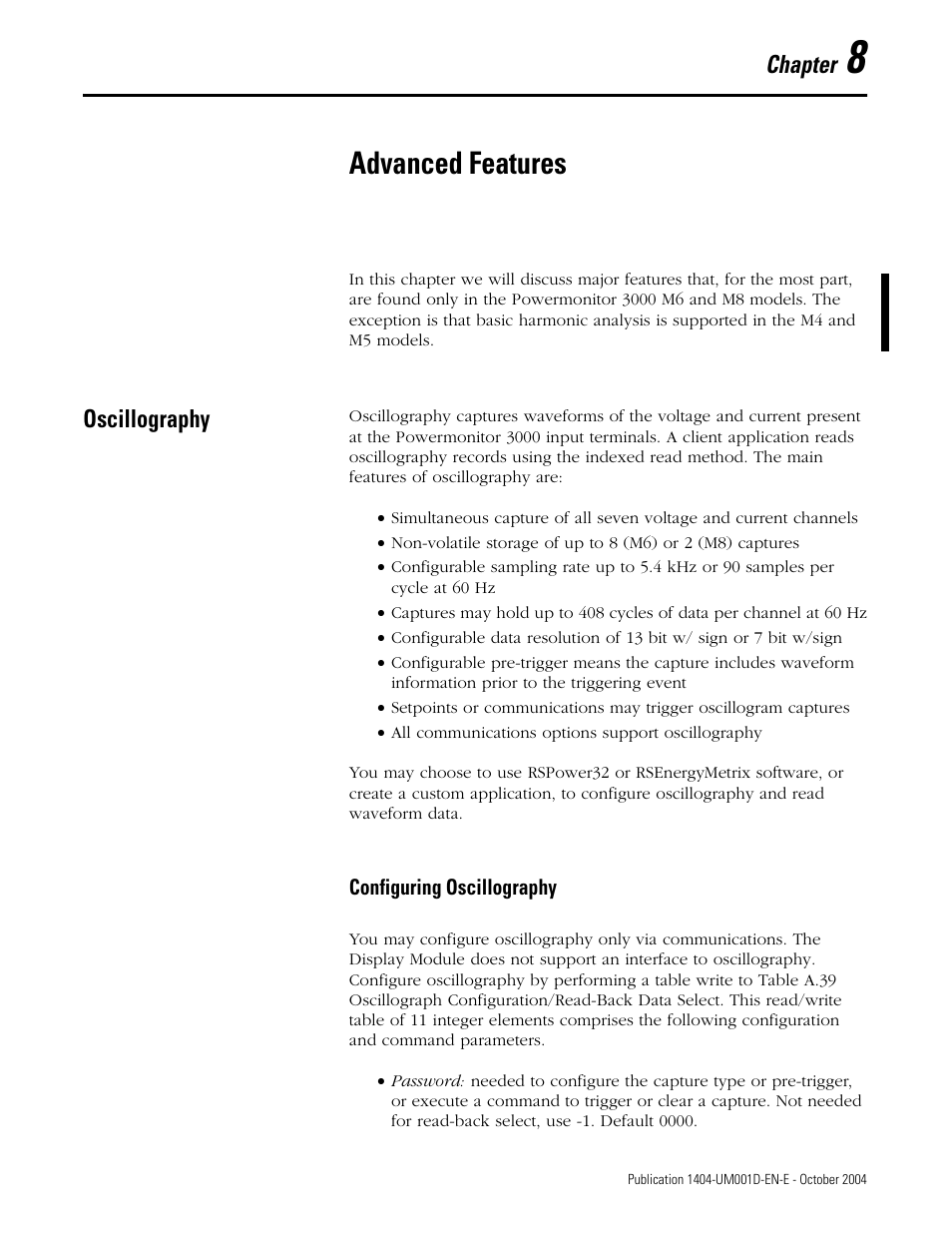 8 - advanced features, Oscillography, Configuring oscillography | Chapter 8, Advanced features, Oscillography -1, D chapter 8, Chapter | Rockwell Automation 1404-M4_M5_M6_M8 Powermonitor 3000 User Manual, PRIOR to Firmware rev. 3.0 User Manual | Page 151 / 356