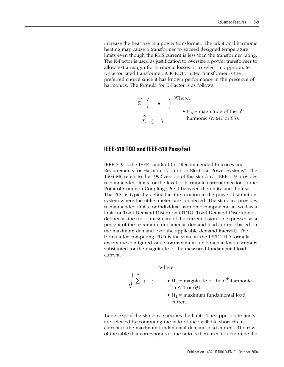 Ieee-519 tdd and ieee-519 pass/fail | Rockwell Automation 1404-M4_M5_M6_M8 Powermonitor 3000 User Manual, PRIOR to Firmware rev. 3.0 User Manual | Page 159 / 356