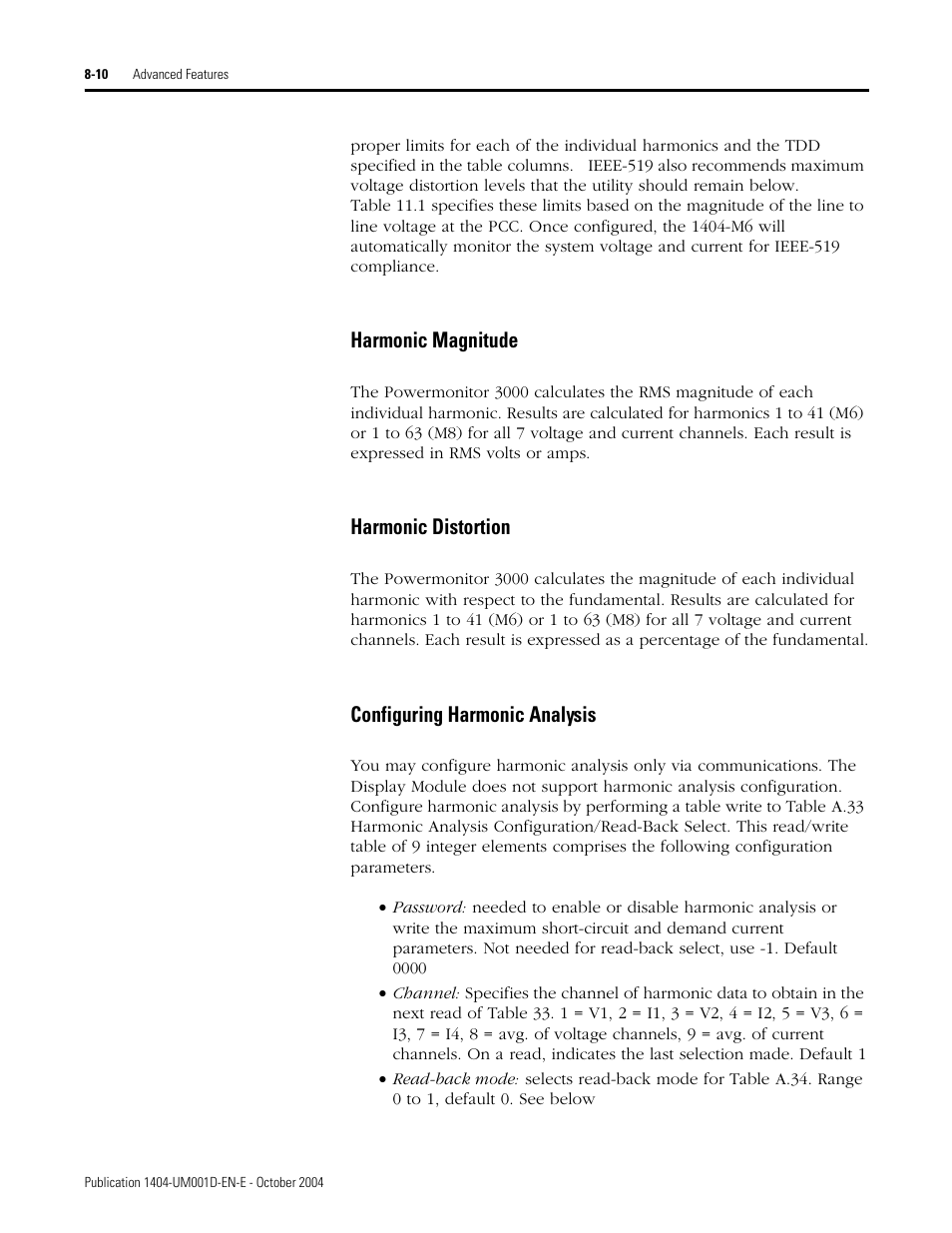 Harmonic magnitude, Harmonic distortion, Configuring harmonic analysis | Rockwell Automation 1404-M4_M5_M6_M8 Powermonitor 3000 User Manual, PRIOR to Firmware rev. 3.0 User Manual | Page 160 / 356