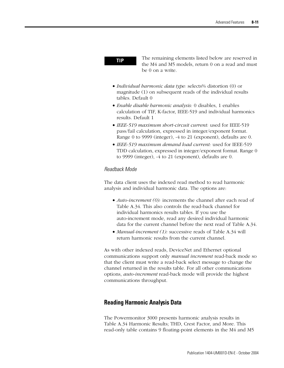 Reading harmonic analysis data | Rockwell Automation 1404-M4_M5_M6_M8 Powermonitor 3000 User Manual, PRIOR to Firmware rev. 3.0 User Manual | Page 161 / 356