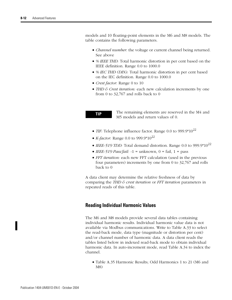 Reading individual harmonic values | Rockwell Automation 1404-M4_M5_M6_M8 Powermonitor 3000 User Manual, PRIOR to Firmware rev. 3.0 User Manual | Page 162 / 356