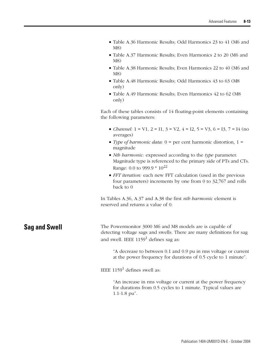 Sag and swell, Sag and swell -13 | Rockwell Automation 1404-M4_M5_M6_M8 Powermonitor 3000 User Manual, PRIOR to Firmware rev. 3.0 User Manual | Page 163 / 356