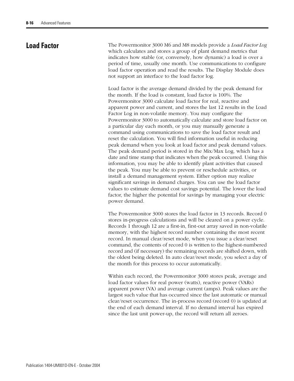 Load factor, Load factor -16 | Rockwell Automation 1404-M4_M5_M6_M8 Powermonitor 3000 User Manual, PRIOR to Firmware rev. 3.0 User Manual | Page 166 / 356
