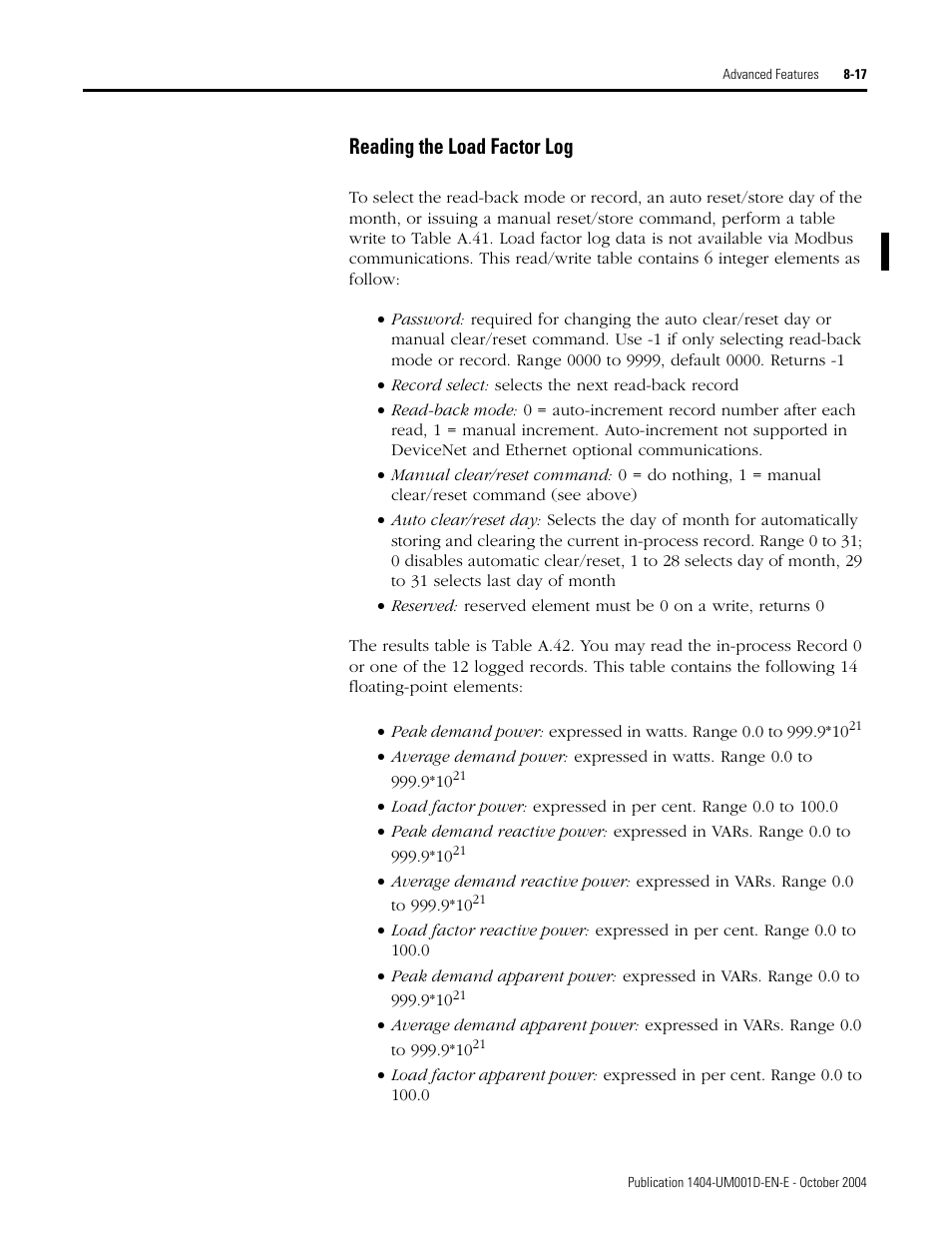 Reading the load factor log | Rockwell Automation 1404-M4_M5_M6_M8 Powermonitor 3000 User Manual, PRIOR to Firmware rev. 3.0 User Manual | Page 167 / 356