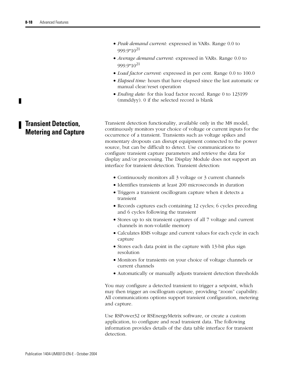 Transient detection, metering and capture, Transient detection, metering and capture -18 | Rockwell Automation 1404-M4_M5_M6_M8 Powermonitor 3000 User Manual, PRIOR to Firmware rev. 3.0 User Manual | Page 168 / 356