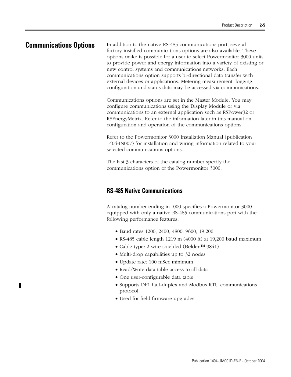 Communications options, Rs-485 native communications, Communications options -5 | Rockwell Automation 1404-M4_M5_M6_M8 Powermonitor 3000 User Manual, PRIOR to Firmware rev. 3.0 User Manual | Page 17 / 356