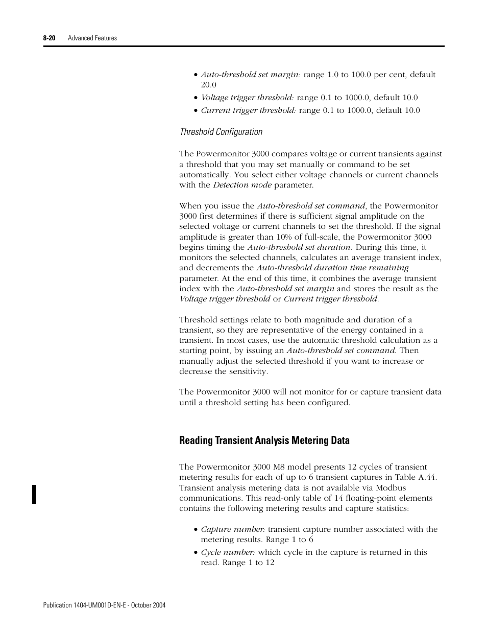 Reading transient analysis metering data | Rockwell Automation 1404-M4_M5_M6_M8 Powermonitor 3000 User Manual, PRIOR to Firmware rev. 3.0 User Manual | Page 170 / 356