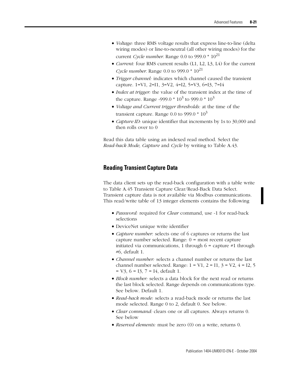 Reading transient capture data | Rockwell Automation 1404-M4_M5_M6_M8 Powermonitor 3000 User Manual, PRIOR to Firmware rev. 3.0 User Manual | Page 171 / 356