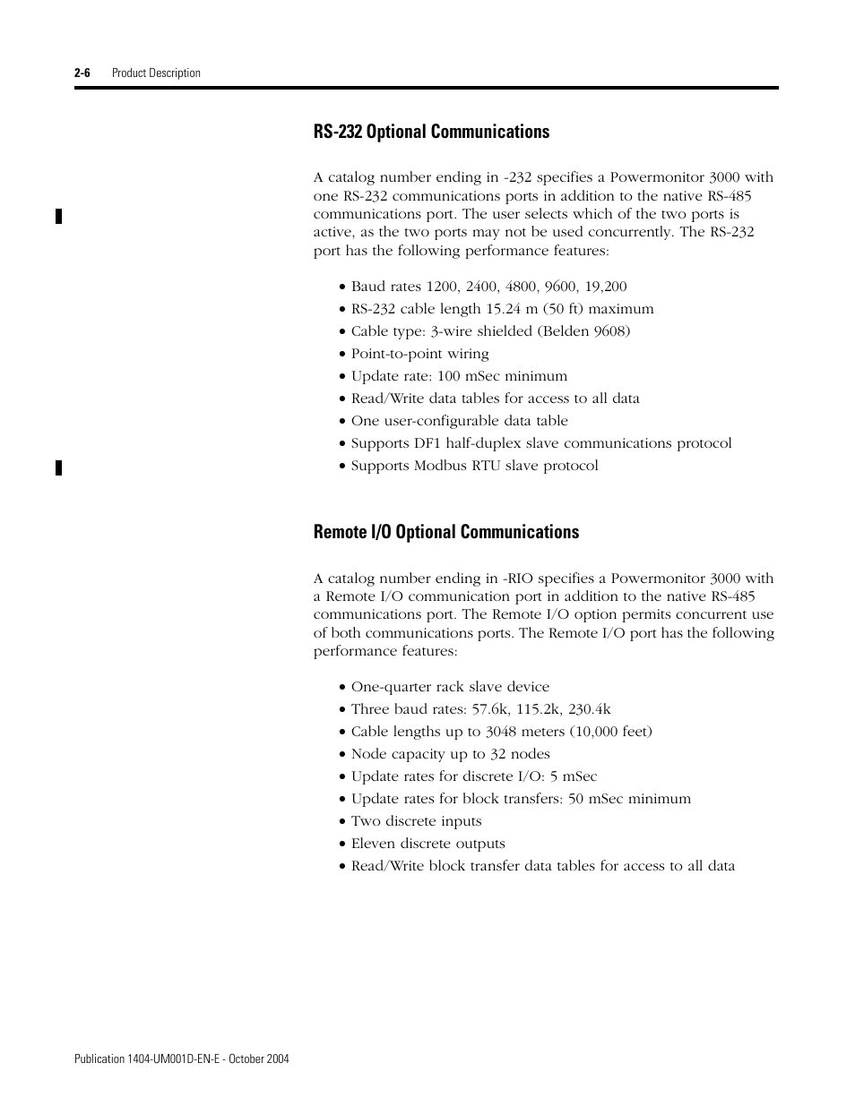 Rs-232 optional communications, Remote i/o optional communications | Rockwell Automation 1404-M4_M5_M6_M8 Powermonitor 3000 User Manual, PRIOR to Firmware rev. 3.0 User Manual | Page 18 / 356