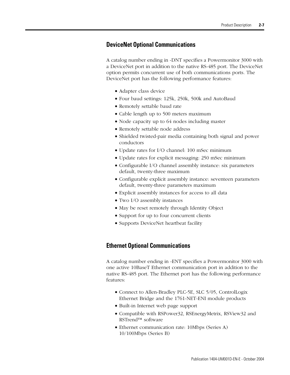 Devicenet optional communications, Ethernet optional communications | Rockwell Automation 1404-M4_M5_M6_M8 Powermonitor 3000 User Manual, PRIOR to Firmware rev. 3.0 User Manual | Page 19 / 356